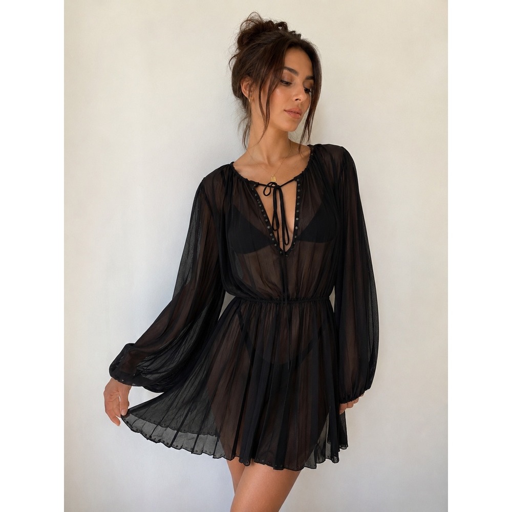 Zara Black Sheer Pleated Chiffon Mini Dress Sz S Balloon Sleeve Gothic Festival